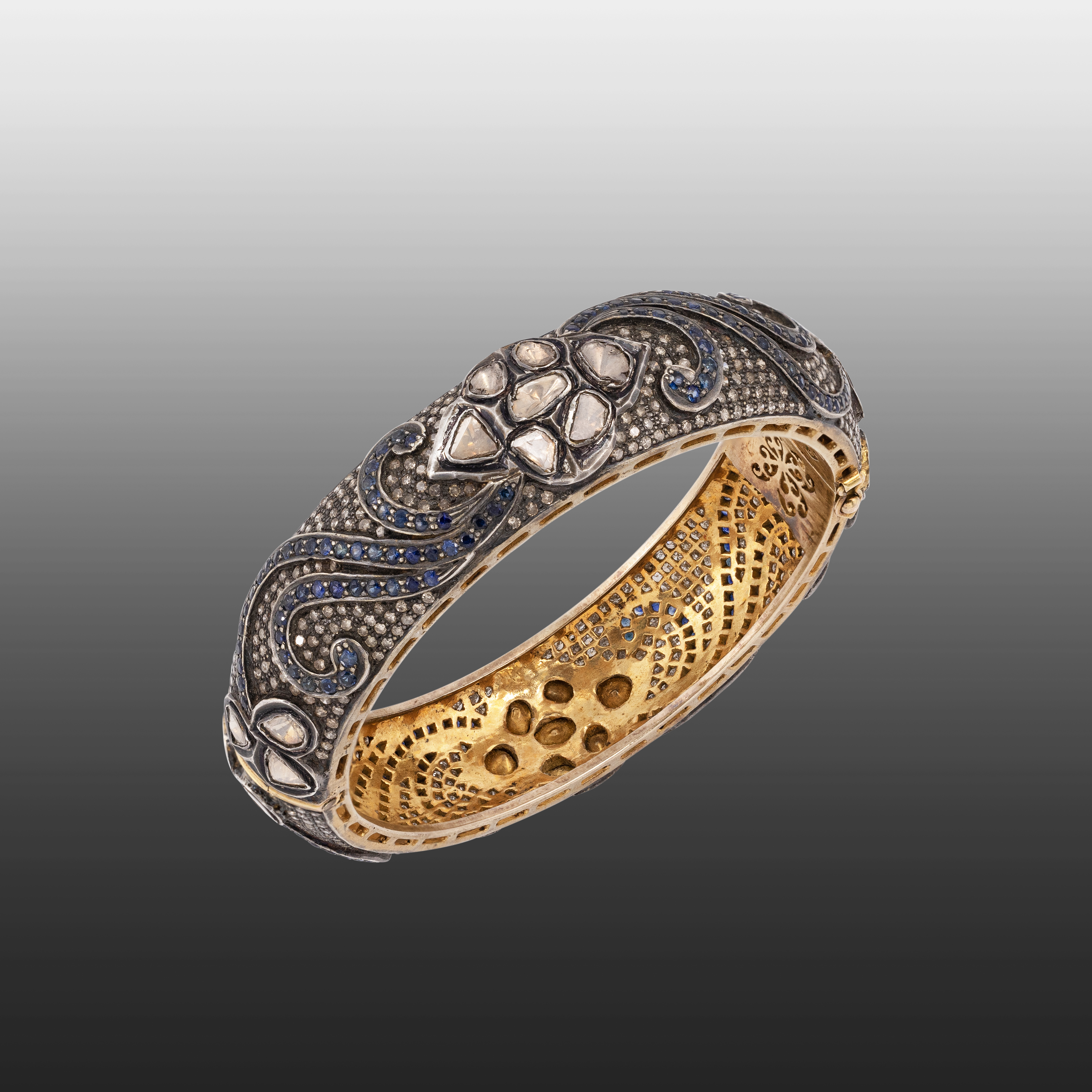 Antique Black Polki Bangle with Blue Sapphire Waves
